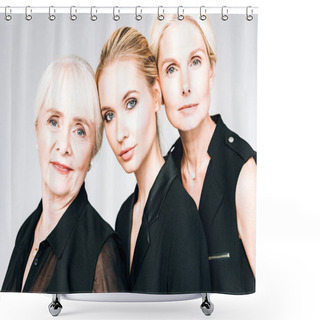 Personality  Three-generation Blonde Women In Total Black Outfits Isolated On Grey Shower Curtains