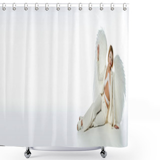 Personality  Woman In Halloween Costume Of Light Angel With Divine Wings Sitting On White Backdrop, Banner Shower Curtains