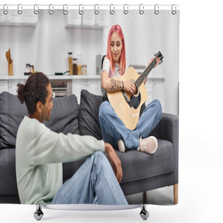 Personality  Pink Haired Beautiful Woman Playing Guitar And Looking At Her Loving African American Boyfriend Shower Curtains