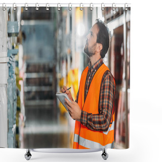 Personality  Male Worker In Safety Vest Writing In Notepad In Storehouse Shower Curtains