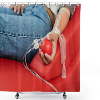 Personality  Partial View Of Multiracial Woman With Transfusion Set Holding Rubber Ball While Sitting On Comfortable Medical Chair During Blood Donation In Laboratory Shower Curtains