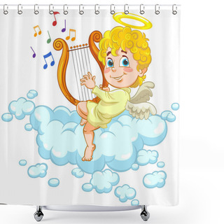 Personality  Vector Illustration Of A Cartoon Angel Sitting On A Cloud And Playing On The Harp Shower Curtains