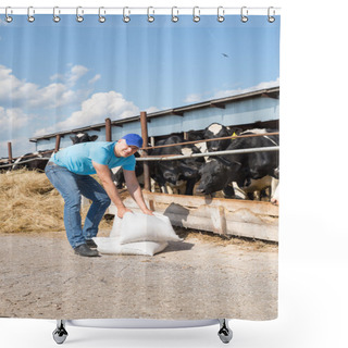 Personality  Portrait Of Veterinary Technician Feeding Cows At Farm Shower Curtains