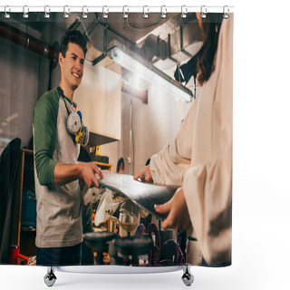 Personality  Cropped View Of Woman Giving Snowboard To Smiling Worker In Repair Shop  Shower Curtains