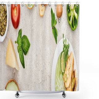 Personality  Panoramic Shot Of Creamy Green Vegetable Soup Near Fresh Vegetables On Textured Surface Shower Curtains