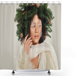 Personality  Winter Beauty, Attractive Woman With Natural Pine Wreath Posing In White Clothes On Grey Backdrop Shower Curtains