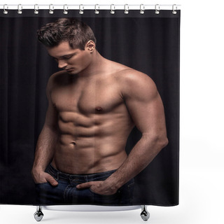Personality  Handsome Shirtless Man Posing On Black Studio Background. Shower Curtains