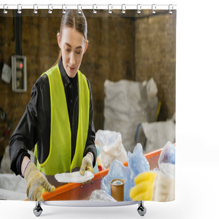 Personality  Young Female Sorter In Protective Vest And Gloves Working With Trash On Conveyor In Blurred Waste Disposal Station At Background, Garbage Sorting And Recycling Concept Shower Curtains