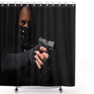 Personality  Blurred African American Hooligan In Mask Holding Gun Isolated On Black  Shower Curtains