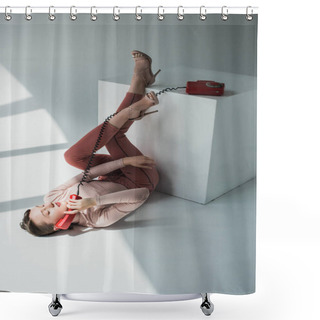 Personality  Girl With Vintage Rotary Telephone  Shower Curtains