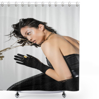 Personality  Overhead View Of Asian Model With Short Brunette Hair Holding Golden Jewelry In Mouth While Looking Away And Lying On Grey Background,  Wet Hairstyle, Young Woman, Black Gloves Shower Curtains