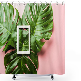 Personality  Top View Of Fresh Green Palm Leaves And Square Frame On Pink Background Shower Curtains
