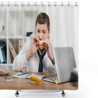 Personality  Overweight Businessman Eating Donuts At Workplace With Laptop Shower Curtains
