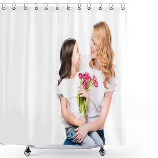 Personality  Happy Mother And Little Daughter With Bouquet Of Flowers Isolated On White, Mothers Day Holiday Concept Shower Curtains