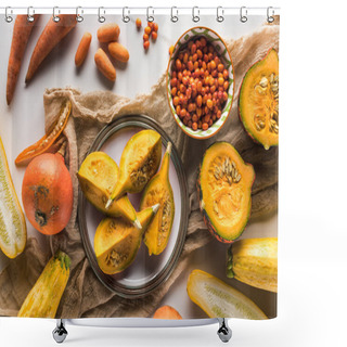 Personality  Top View Of Plate With Pumpkin On Canvas Near Bowl With Berries, Carrots And Zucchini Shower Curtains