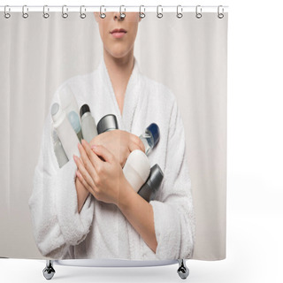 Personality  Partial View Of Woman In Bathrobe Holding Different Deodorants Isolated On Grey Shower Curtains