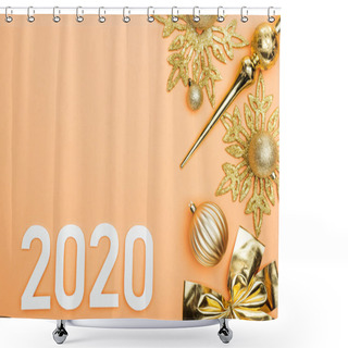 Personality  Top View Of White 2020 Numbers Near Golden Christmas Decoration On Orange Background Shower Curtains
