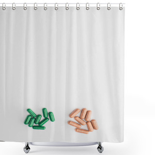 Personality  Top View Of Brown And Green Capsules On White Background  Shower Curtains