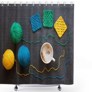 Personality  Yarn Of Three Colors, Crocheted Motifs And Coffee Shower Curtains