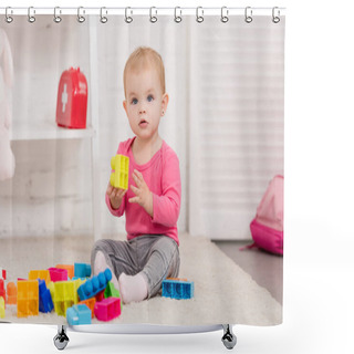 Personality  Adorable Kid Playing With Constructor On Carpet In Children Room Shower Curtains