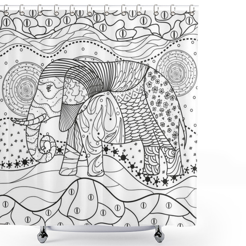 Personality  Abstract Eastern Pattern. Elephant On Square Mandala. Hand Drawn Animal With Tribal Patterns On Isolation Background. Design For Spiritual Relaxation For Adults. Black And White Illustration Shower Curtains