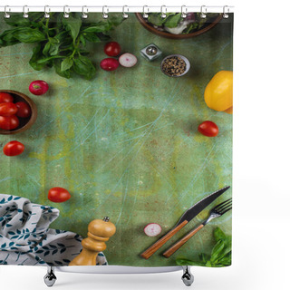 Personality  Shabby Green Tabletop With Scattered Fresh Tomatoes, Radishes And Spices Shower Curtains