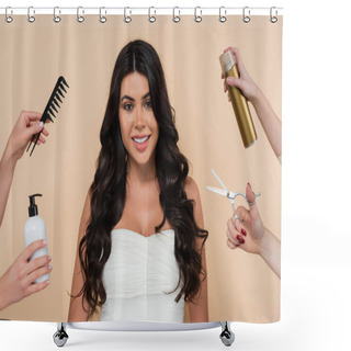 Personality  Smiling Woman With Wavy Hair Looking At Camera Near Hands With Hairdressing Tools Isolated On Beige  Shower Curtains