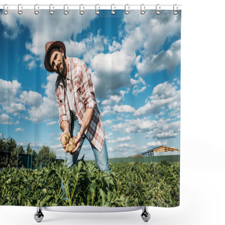 Personality  Farmer Holding Potatoes In Field Shower Curtains