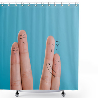 Personality  Cropped View Of Happy And Dissatisfied Couples Of Fingers Isolated On Blue Shower Curtains
