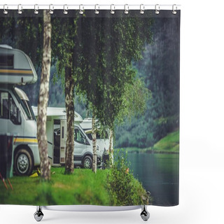Personality  Scenic RV Park Camping. Lakefront Campsite. Vacation In Recreational Vehicle Shower Curtains