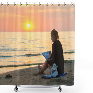 Personality   Young Girl Sitting On The Beach And Draw On A Sheet Of Watercolor Sunset Shower Curtains