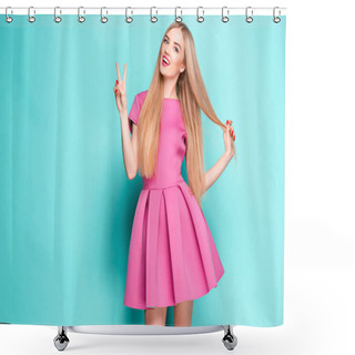 Personality  Smiling Beautiful Young Woman In Pink Mini Dress Posing At Studio Shower Curtains