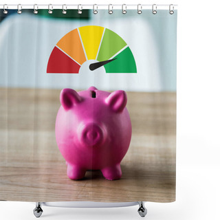 Personality  Pink Piggy Bank On Wooden Desk Near Colorful Speed Meter In Office  Shower Curtains