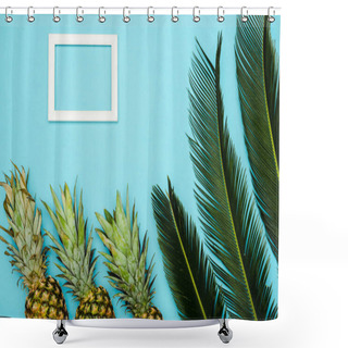 Personality  Top View Of Green Palm Leaves And Ripe Pineapples Near Square Empty Frame On Blue Background Shower Curtains
