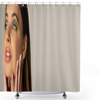 Personality  Pretty Teen Girl With Creative Visage Touching Face Isolated On Grey, Banner  Shower Curtains
