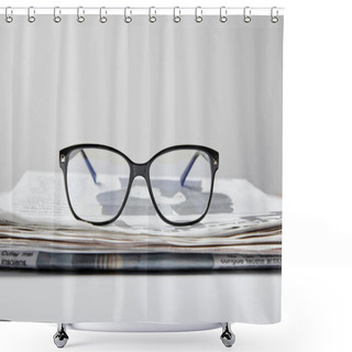 Personality  Selective Focus Of Glasses Near Newspaper On White  Shower Curtains