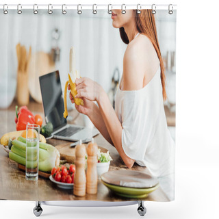 Personality  Partial View Of Young Woman Holding Fresh Banana In Kitchen Shower Curtains