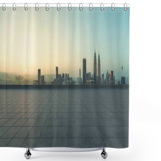 Personality  Empty Concrete Tiles Floor With City Skyline Background. Sunrise Scene Shower Curtains