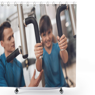 Personality  Dad And Son In The Same Clothes In Gym. Father And Son Lead A Healthy Lifestyle. Shower Curtains