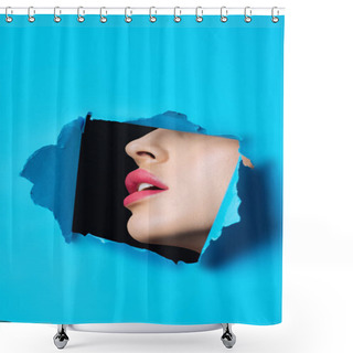 Personality  Female Face With Pink Lips In Hole In Blue Paper On Black Shower Curtains