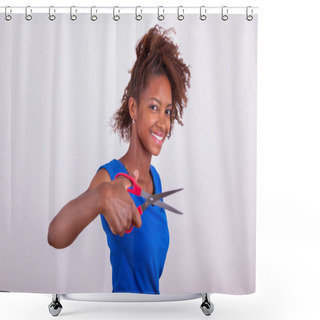 Personality  Young African American Woman Cutting Her Frizzy Afro Hair With S Shower Curtains