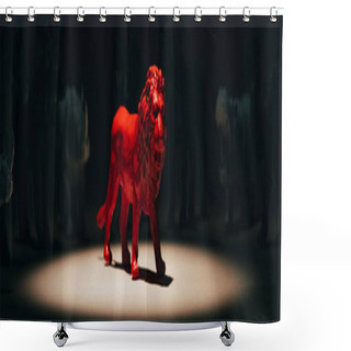 Personality  Panoramic Shot Of Red Toy Lion Under Spotlight With Animals At Background, Voting Concept Shower Curtains
