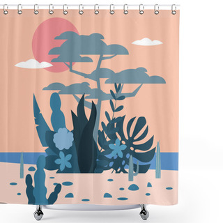 Personality  Landscape Tropics Exotic Flora Plants, Palm Trees, Leaves, Cacti. Trend Fleet Cartoon Style, Vector, Illustration, Isolated, Banner, Poster, Postcard, Template Shower Curtains