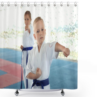 Personality  Children In Kimono Practicing Karate On Tatami Outdoors Shower Curtains