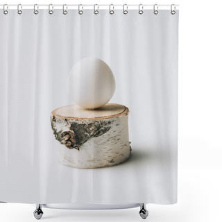 Personality  White Egg Laying On Wooden Stump On White Background Shower Curtains