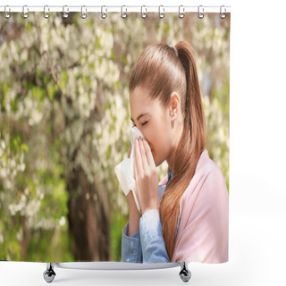 Personality  Sneezing Young Girl With Nose Wiper  Shower Curtains
