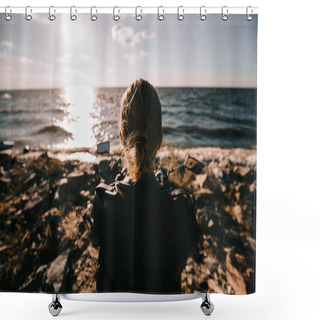 Personality  Back View Of Biker Sitting On Motorcycle And Looking At Sunset Over The Sea Shower Curtains