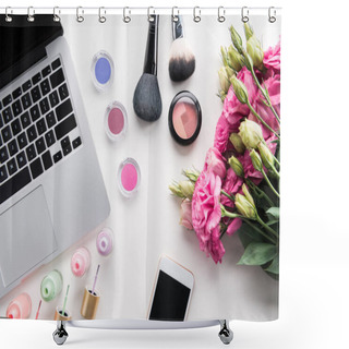 Personality  Various Cosmetics And Laptop On Tabletop Shower Curtains