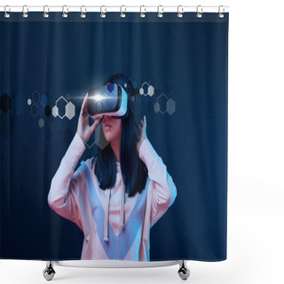 Personality  Young Woman In Virtual Reality Headset Among Cyber Illustration On Dark Background Shower Curtains