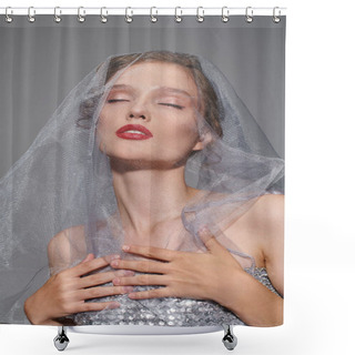Personality  A Young Woman Exudes Classic Beauty While Posing In A Studio, Wearing A Veil On Her Head. Shower Curtains
